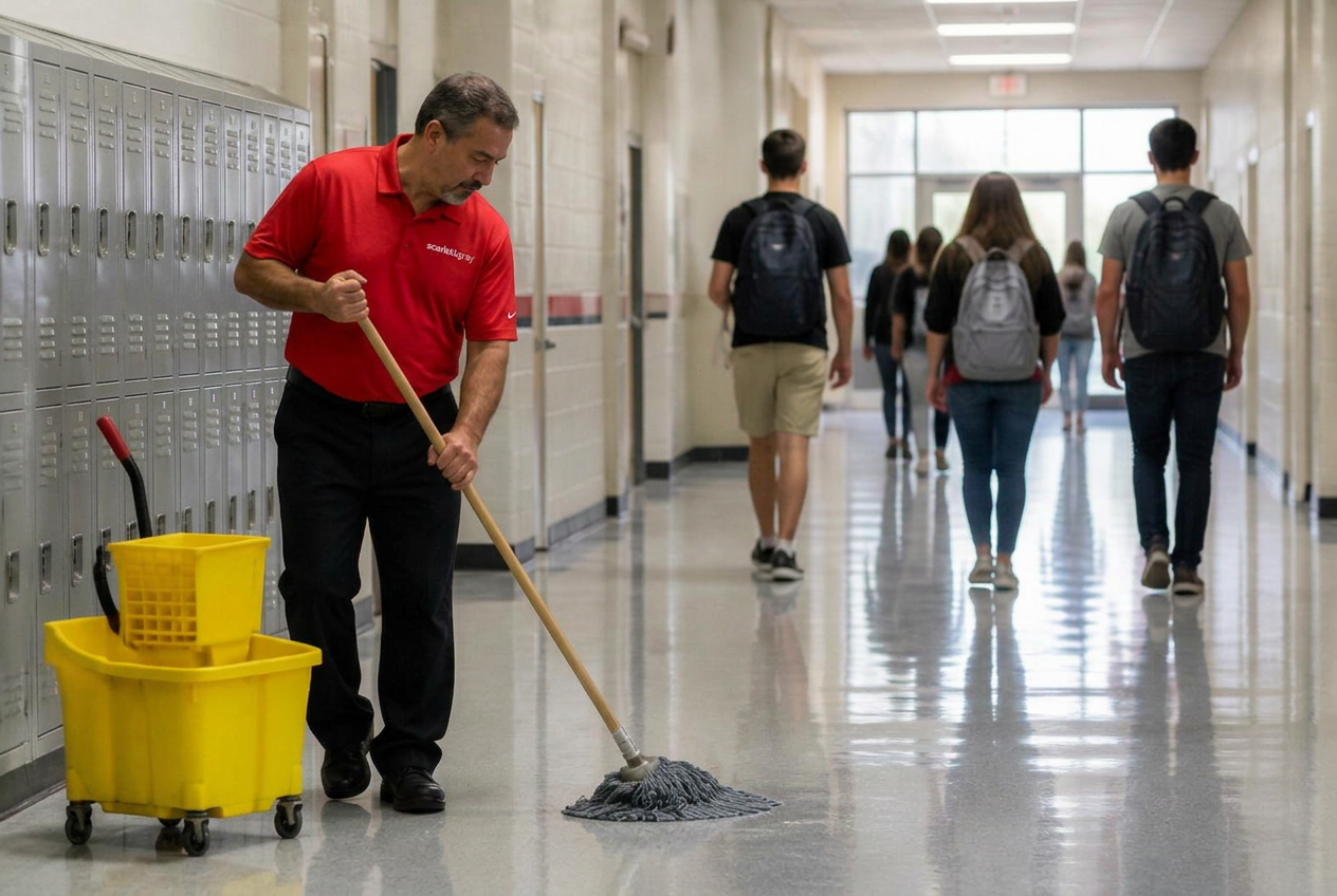 Scarlet & Gray custodian mopping a school hallway as students walk to class